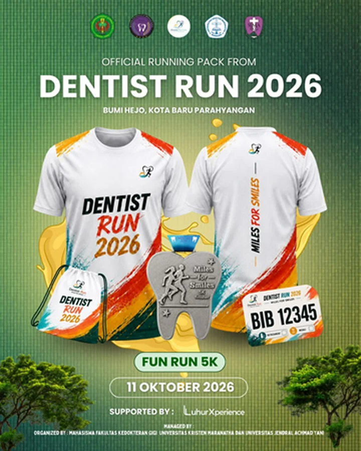 Race pack resmi Dentist Run 2026: jersey, medali berbentuk gigi, tas serut, dan BIB number