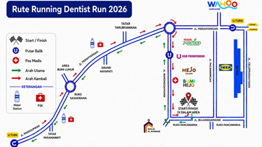 Peta rute resmi Dentist Run 2026 dengan penanda start, finish, water station, pos medis, dan titik putar balik